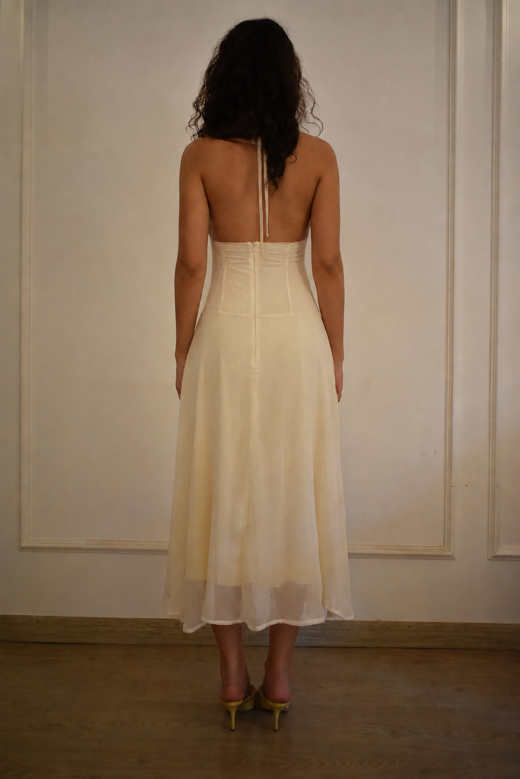 Butter Yellow Chiffon Halter Neck Dress