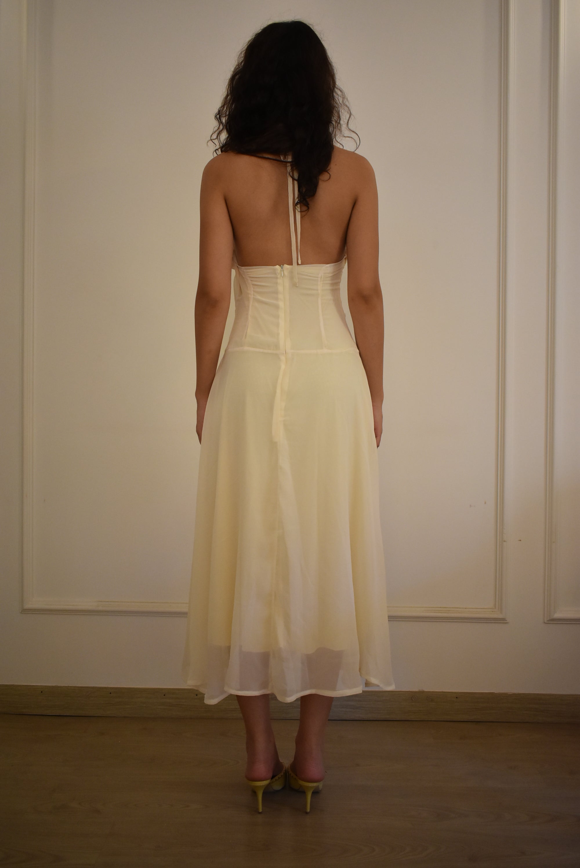 Butter Yellow Chiffon Halter Neck Dress with Low Cut Back