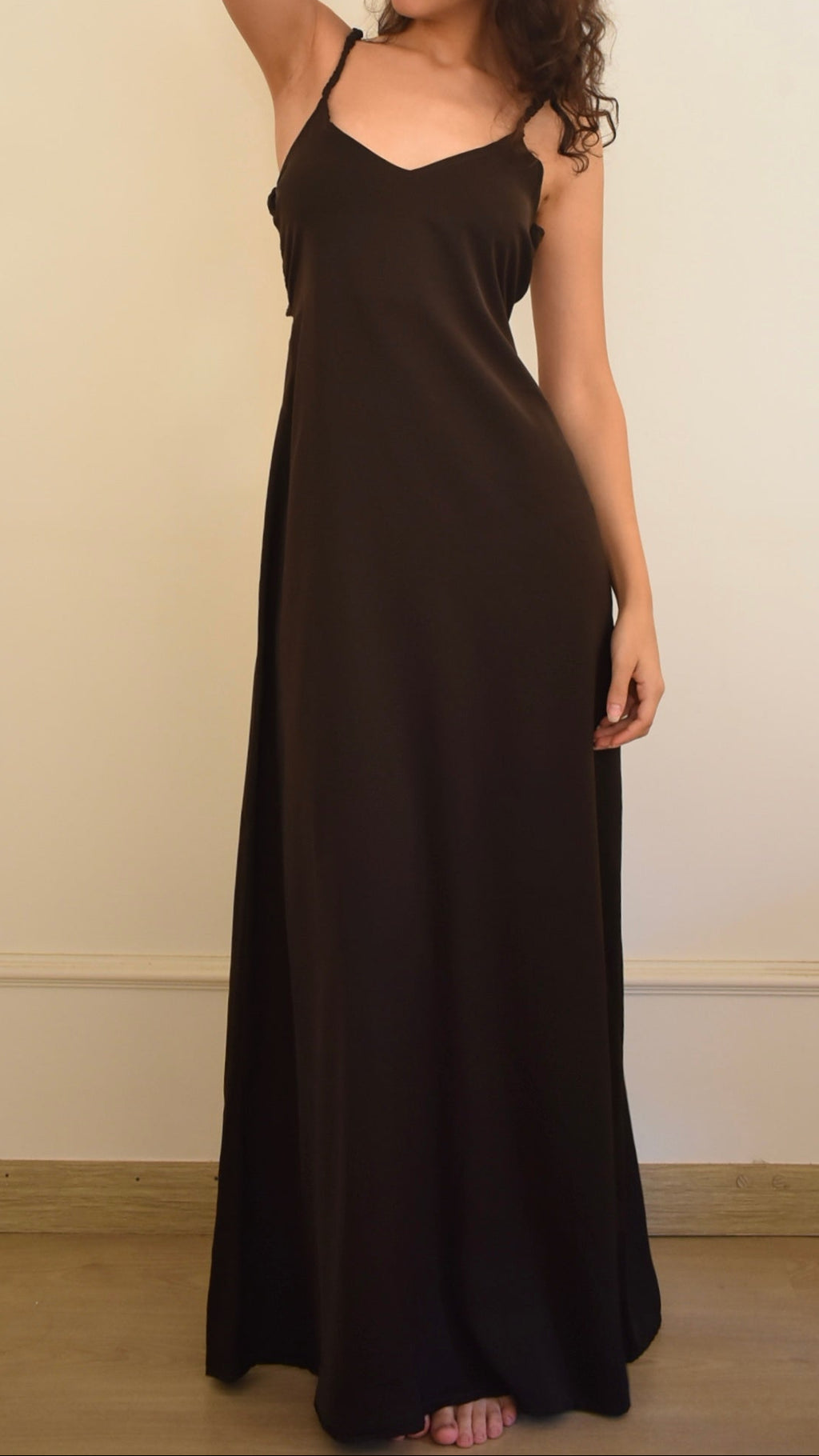 Chocolate Brown Fitted Waist Open Back Dress with Lace Detail