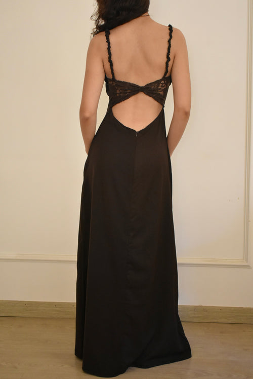 Chocolate Brown Fitted Waist Open Back Dress with Lace Detail